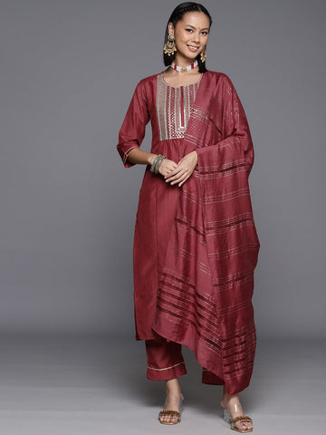 Varanga Rust Embroidered Kurta With Straight Pant And Dupatta